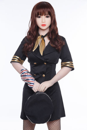 158cm美人警察官ラブドール真友美、パイロット風黒制服、金スカーフ、網タイツ着用、製品外観.