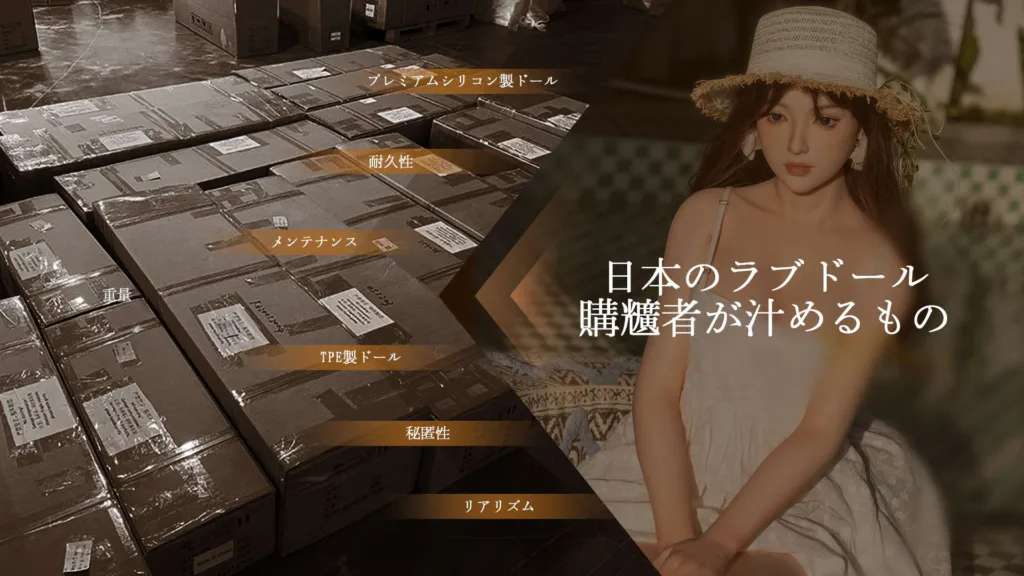 藁の帽子を被った女性ラブドールの画像と、出荷用段ボール箱の山が合成されています。タイトルは「日本のラブドール購買者が求めるもの」で、「プレミアムシリコン製ドール」、「TPE製ドール」の他、「耐久性」、「メンテナンス」、「秘匿性」、「リアリズム」などの要素がリスト化されています。
