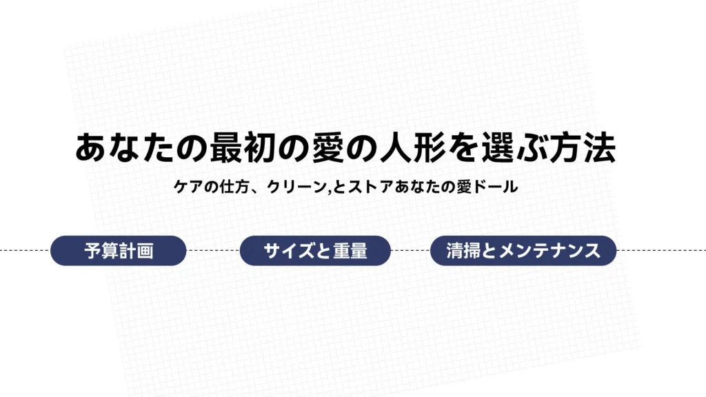 大きな見出しは「あなたの最初の愛の人形を選ぶ方法」です。サブテーマとして「予算計画」、「サイズと重量」、「清掃とメンテナンス」の3つの要素が提示されており、ラブドール購入ガイドの導入部分であることが示唆されます。