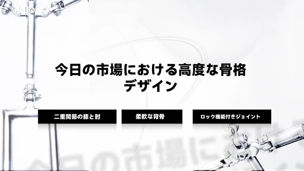 中央のタイトルは「今日の市場における高度な骨格デザイン」で、ラブドールに使用される金属製骨格の一部が背景に写っています。サブタイトルは「二重関節の膝と肘」「柔軟な背骨」「ロック機能付きジョイント」です。
