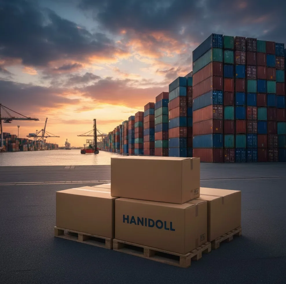 夕暮れの港でパレットに積まれた段ボール箱と、背景に並ぶコンテナ。