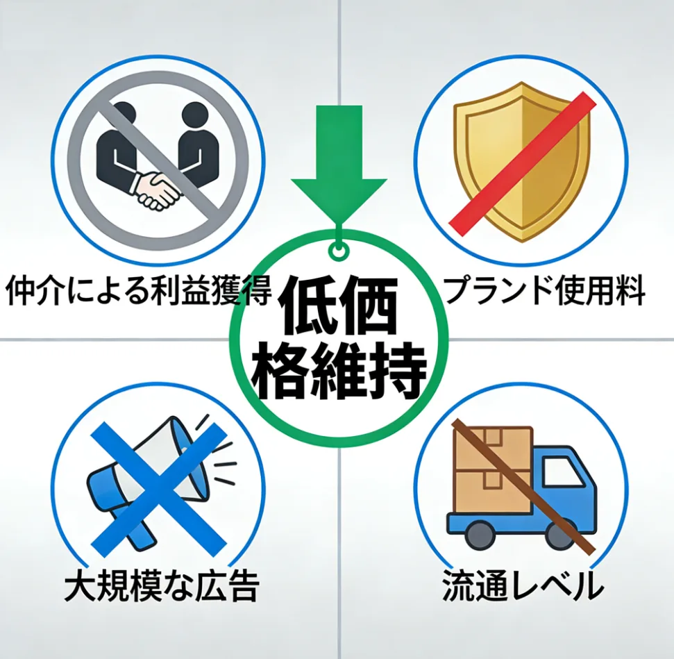 低価格維持のための4つの要因（仲介利益、ブランド料、広告、流通）を示す図解。
