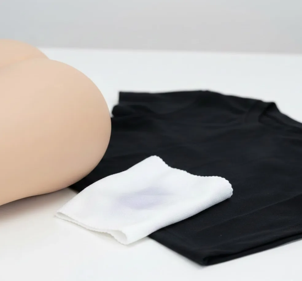 黒いシャツ、白い布、そして肌色の滑らかな曲面が置かれた様子。