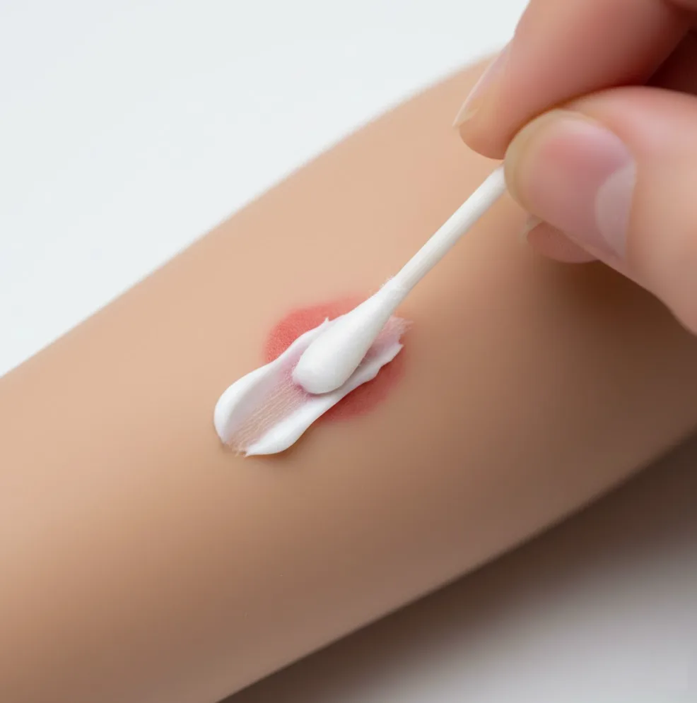 綿棒で腕の赤い湿疹に白いクリームを塗っている様子。