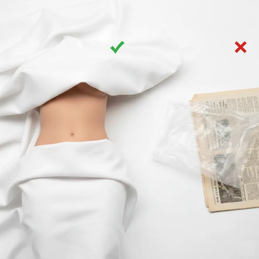 白い布で保護された胴体と、新聞紙や袋との比較。