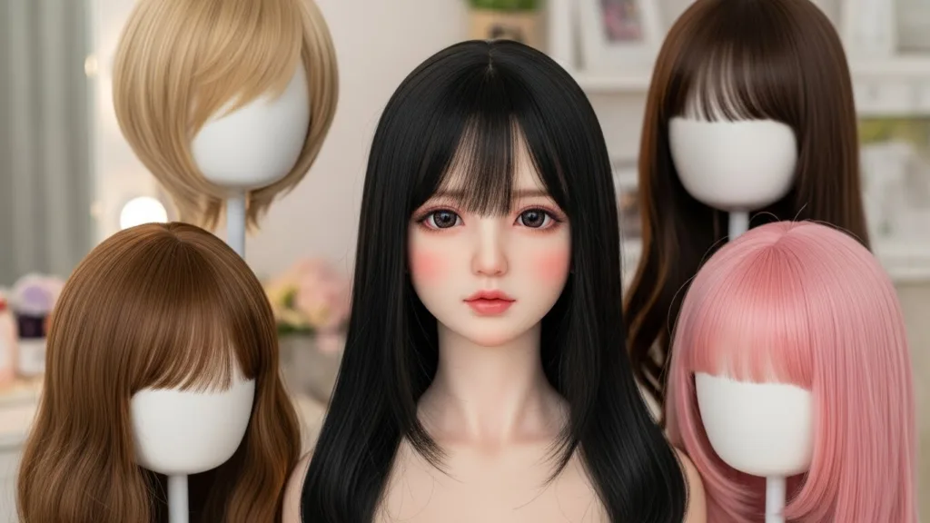 マネキンの頭に並ぶ、様々な色やスタイルのウィッグ。