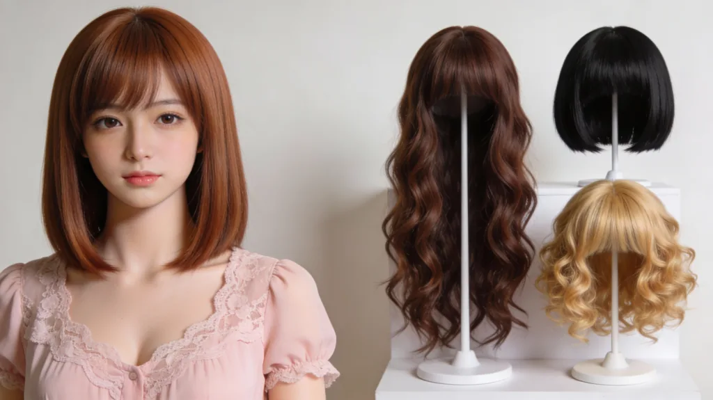 マネキンとスタンドに展示された、色や長さの異なる多様なウィッグ。