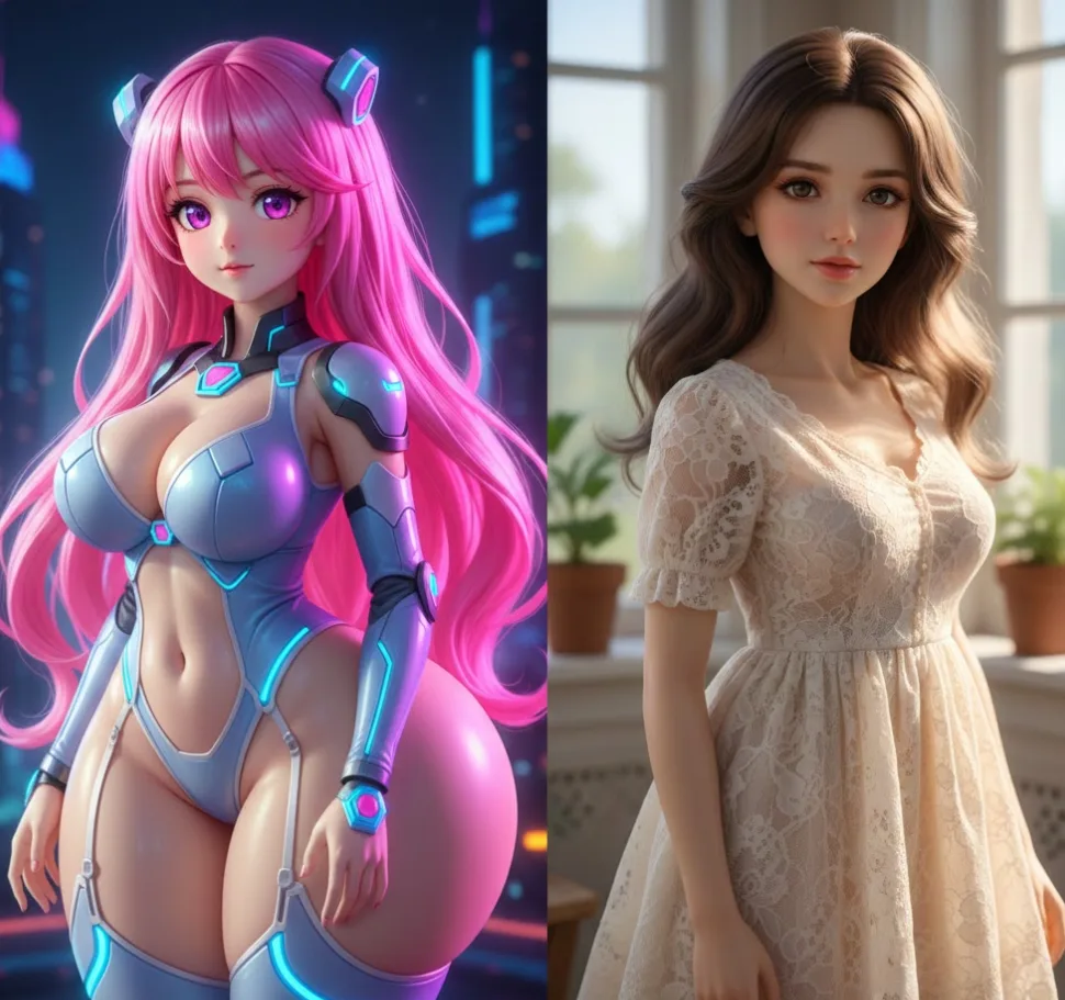 サイバー風のピンク髪の女性と、白いレースの服を着た茶髪の女性の比較。