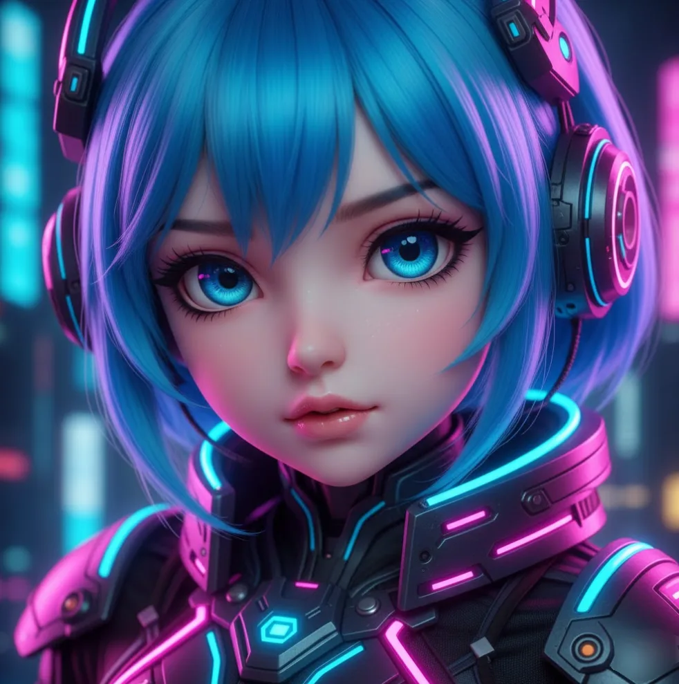 青い髪と瞳を持つ、サイバーパンクな衣装を着たアニメ風の少女のアップ。