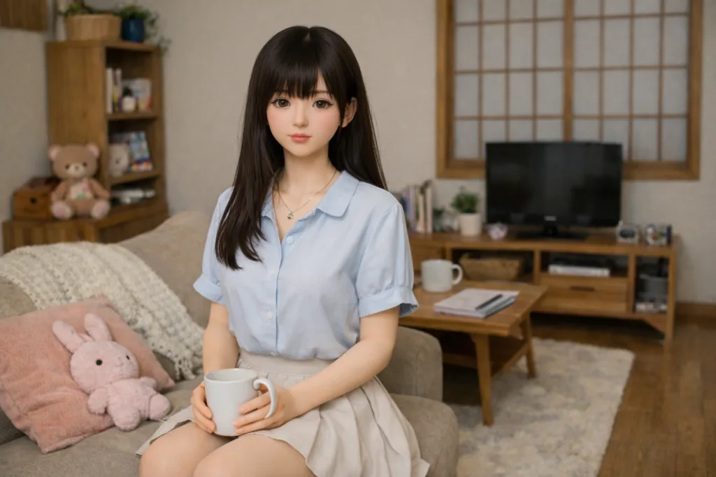 マグカップを手に持ち、リビングのソファに座る黒髪の若い女性。