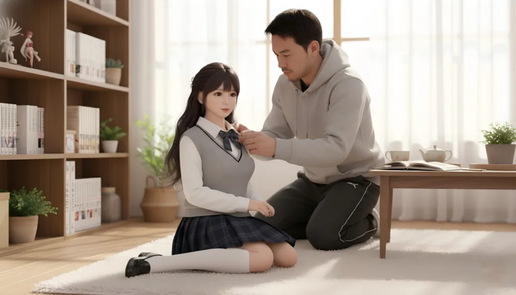 部屋のラグに座る制服姿の少女の襟元を整える、パーカーを着た男性。