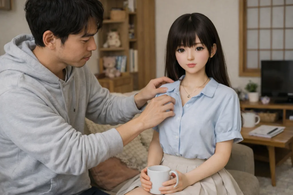 ソファに座る女性のシャツの襟を整える、グレーのパーカーを着た男性。