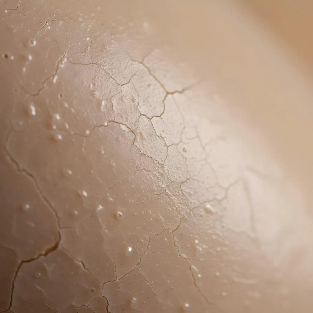 Cracked and aged TPE surface of a love doll with visible texture deterioration.