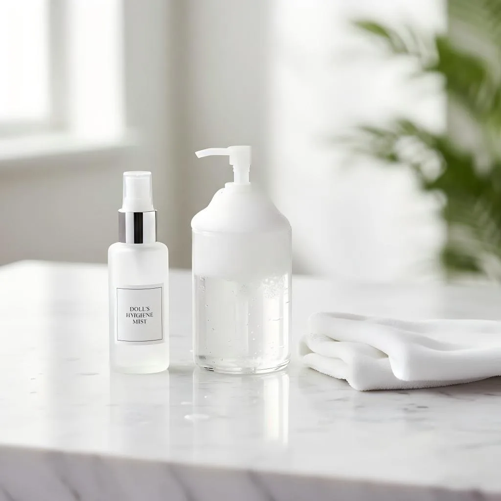 Cleaning and maintenance supplies for adult dolls including spray bottles and a cloth.