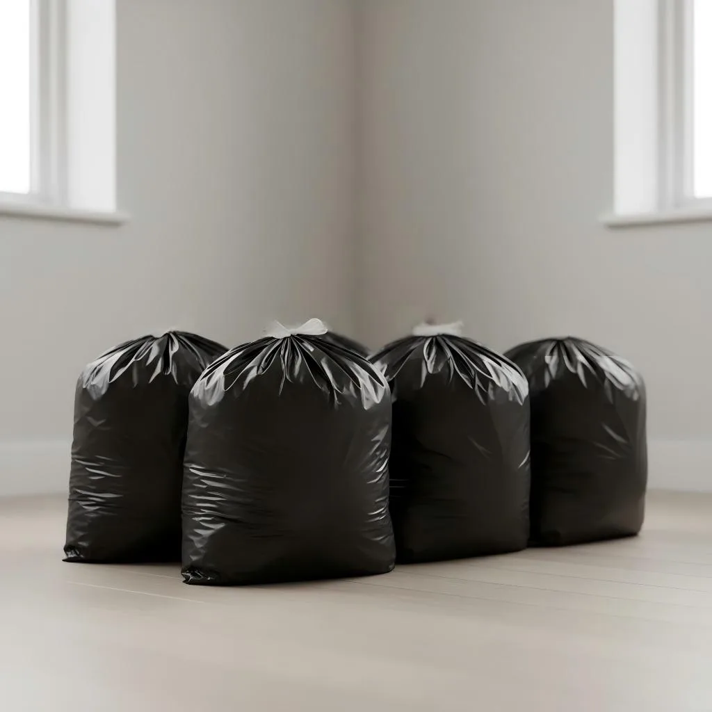Several large black plastic bags filled and tied, placed on the floor for doll disposal.