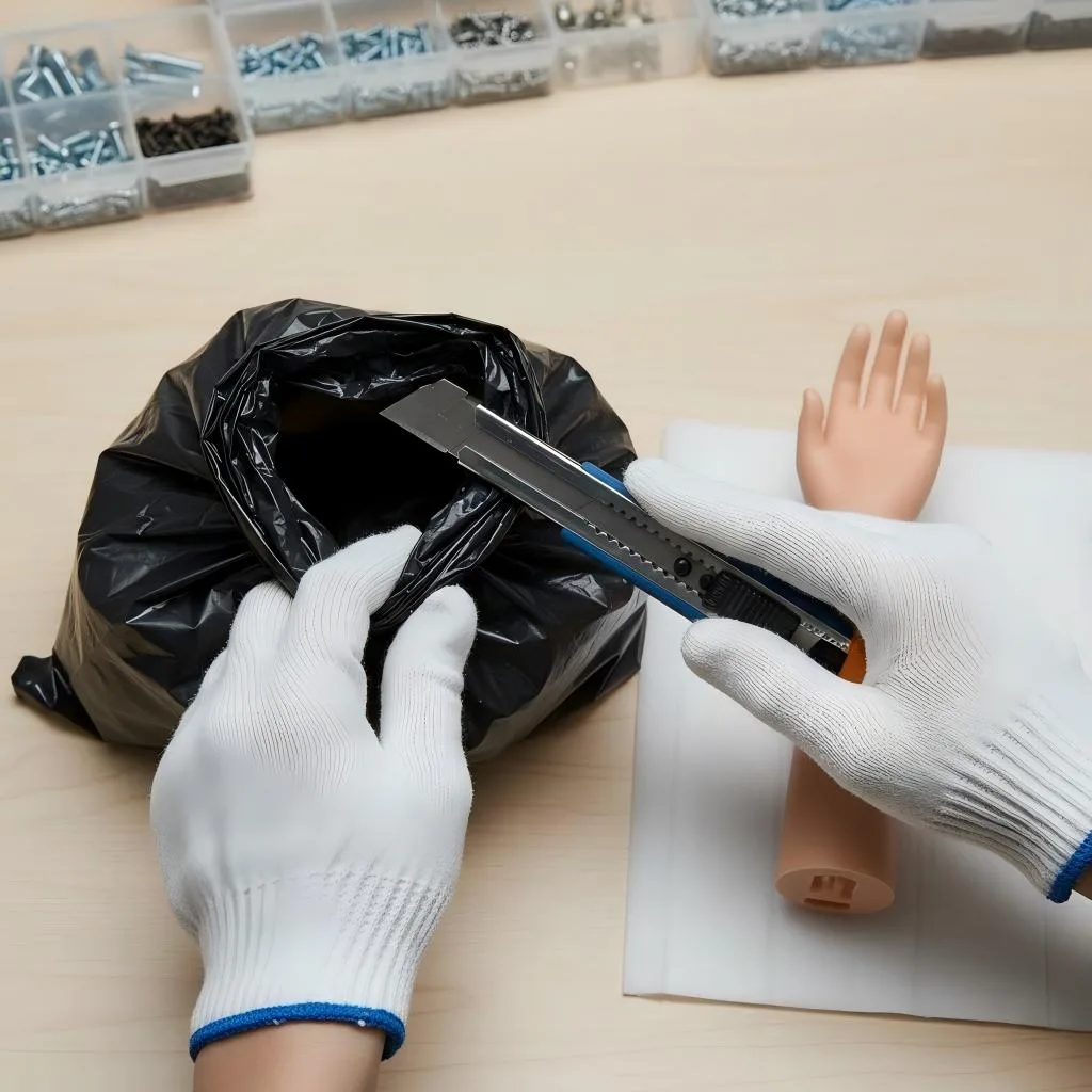 Person in white gloves using a utility knife to open a black bag next to a doll arm.
