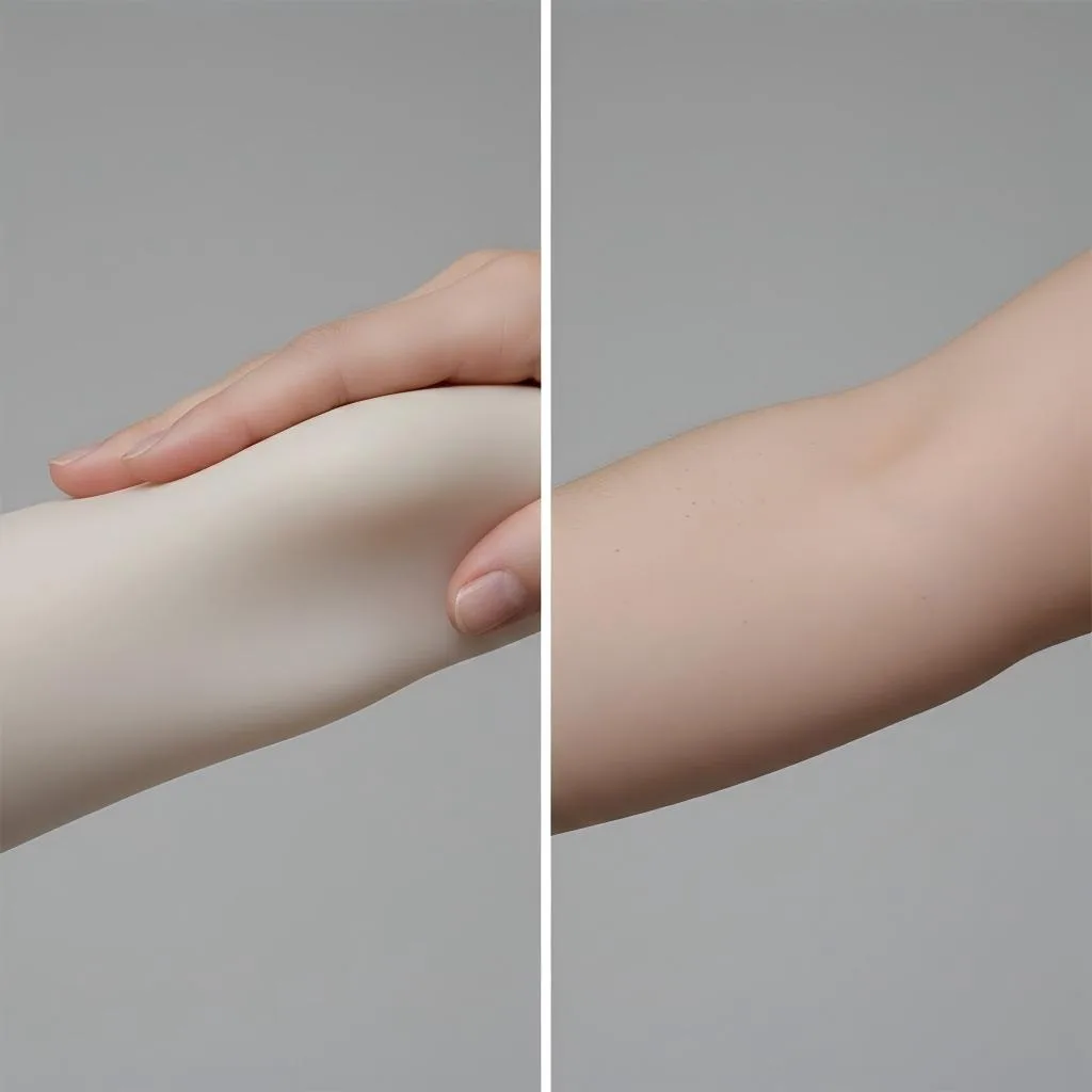 Side-by-side comparison of TPE material being squeezed and a smooth silicone surface.