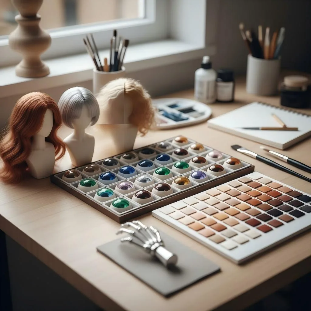 Worktable with doll heads, glass eyes, skin tone swatches, brushes, and a mechanical hand.
