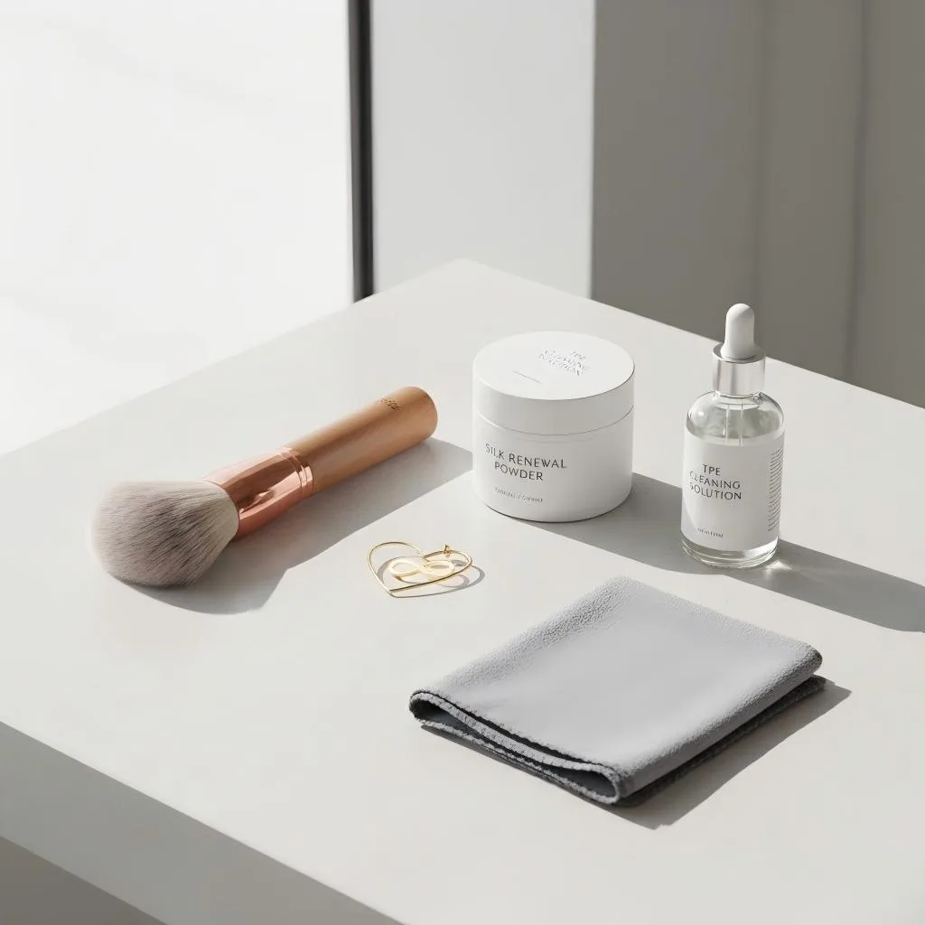 Maintenance kit with silk renewal powder, TPE cleaning solution, brush, and microfiber cloth.