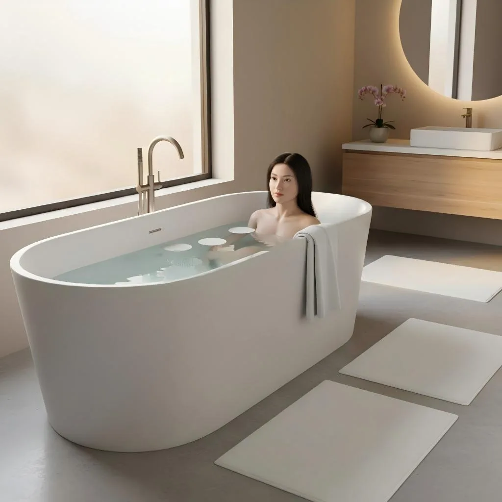 A love doll sitting in a modern white soaking tub in a minimalist, sunlit bathroom.