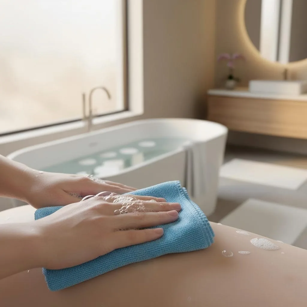 Hands using a blue microfiber cloth and soapy water to clean a smooth TPE surface in a bathroom.