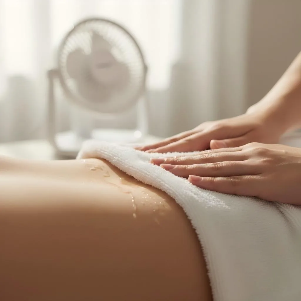 Hands drying a wet TPE surface with a white towel in front of a small electric fan.