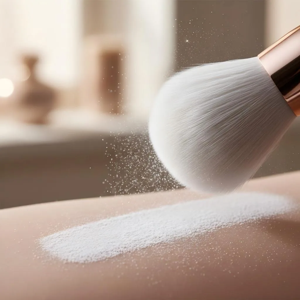 A soft makeup brush applying fine white powder onto a smooth skin-like surface.