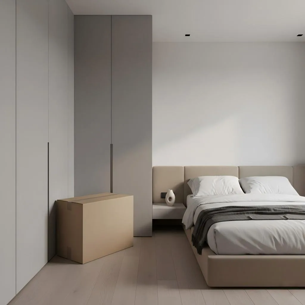 A large cardboard box placed next to a modern gray closet in a minimalist bedroom.